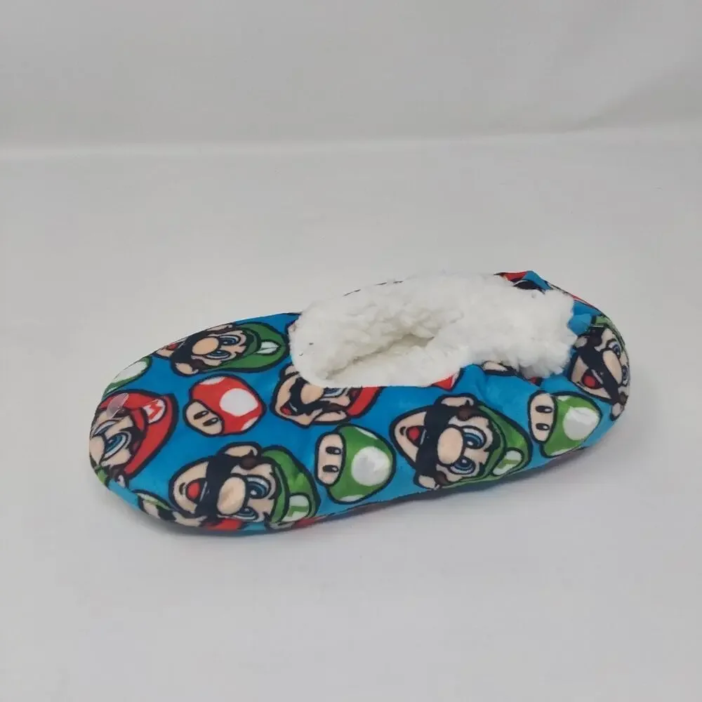 Nintendo Super Mario Luigi Plush Sherpa Slippers Kids Blue Cozy House Shoes 8-13